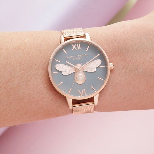 Olivia Burton Lucky Bee Lucky Bee, Grey Dial & Rose Gold Mesh Watch - Image 3