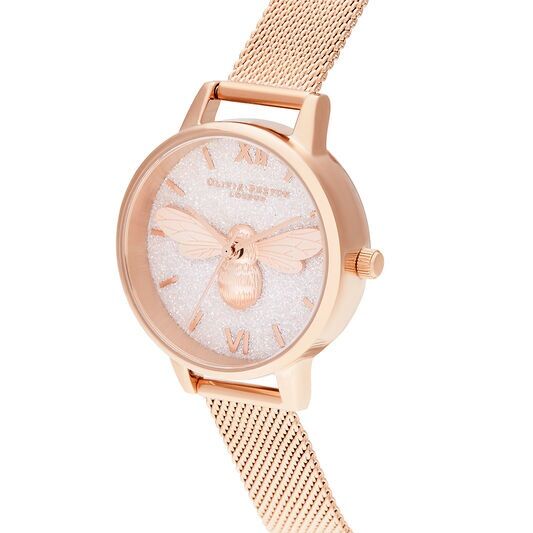 Olivia Burton Glitter Dial Lucky Bee & Rose Gold Mesh Watch - Image 2