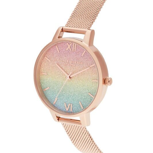 Olivia Burton Rainbow Rainbow Glitter Dial & Rose Gold Mesh Watch - Image 2