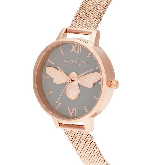 Olivia Burton Lucky Bee Lucky Bee, Grey Dial & Rose Gold Mesh Watch - Image 2