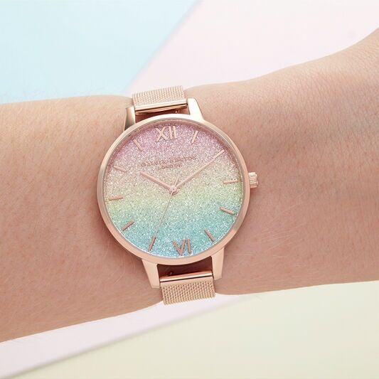 Olivia Burton Rainbow Rainbow Glitter Dial & Rose Gold Mesh Watch - Image 3