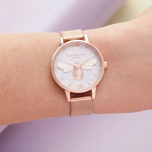 Olivia Burton Glitter Dial Lucky Bee & Rose Gold Mesh Watch - Image 3