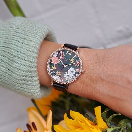 Olivia Burton Sparkle Florals Big MOP Dial Black & Rose Gold Watch - Image 3