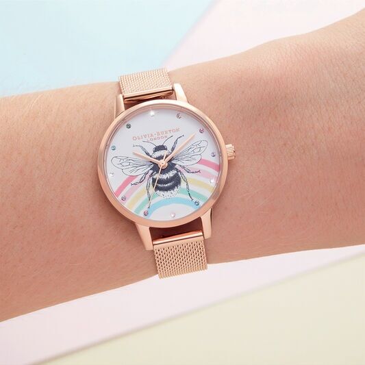 Olivia Burton Illustrated Animals Rainbow Bee, Rose Gold Mesh Watch - Image 3