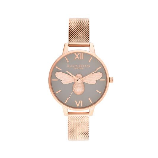 Olivia Burton Lucky Bee Lucky Bee, Grey Dial & Rose Gold Mesh Watch