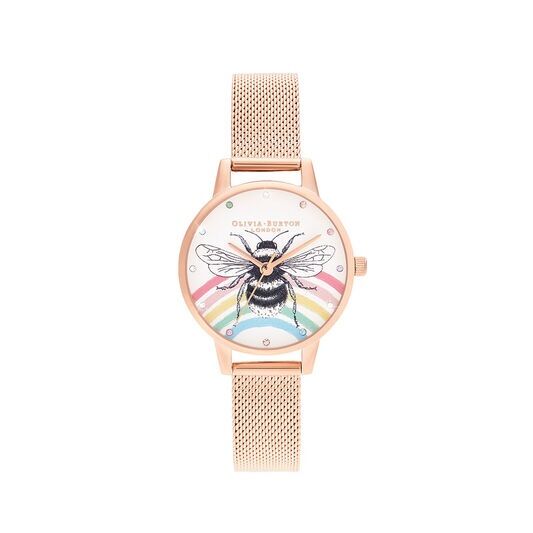 Olivia Burton Illustrated Animals Rainbow Bee, Rose Gold Mesh Watch